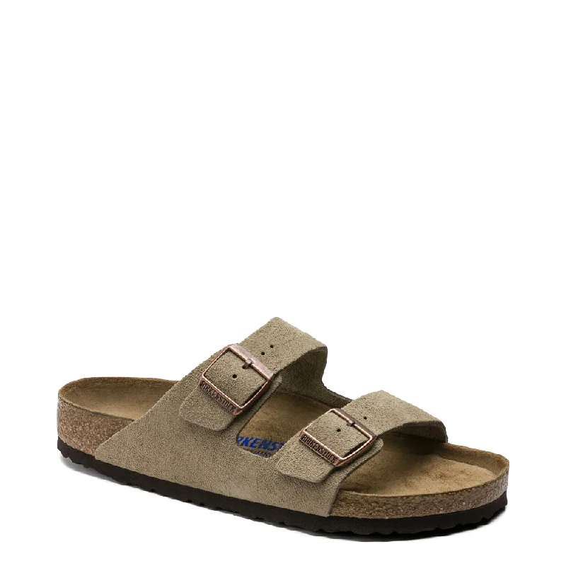 Men's sandals with a perforated leather upper for ventilationBirkenstock Arizona Suede Soft Footbed Sandal in Taupe