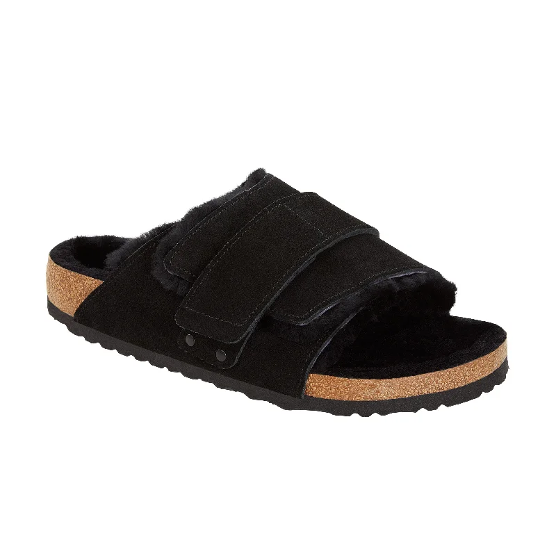 Men's sandals with a wide strap for supportKyoto Shearling Black Suede Leather/Shearling