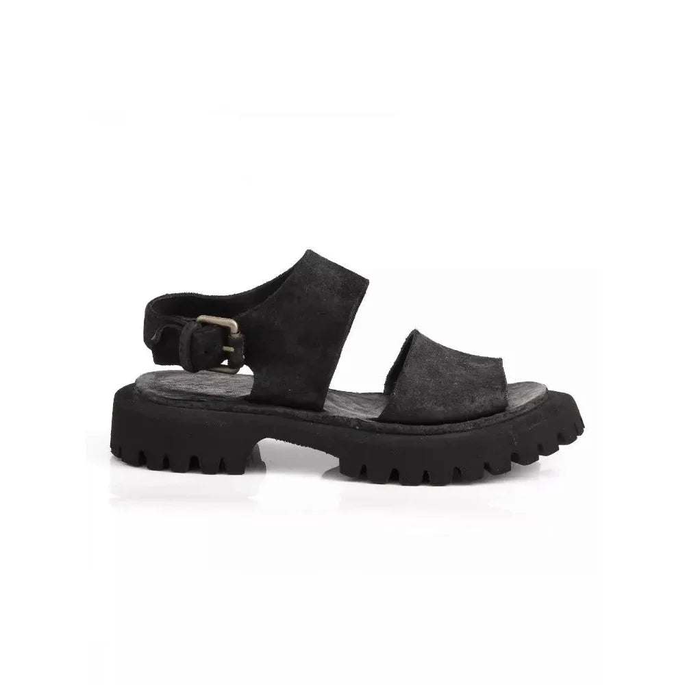 Men's sandals with a rubber sole for tractionMen's Black Horsehide Leather Thick Platform Buckle Strap Open Toe Sandals