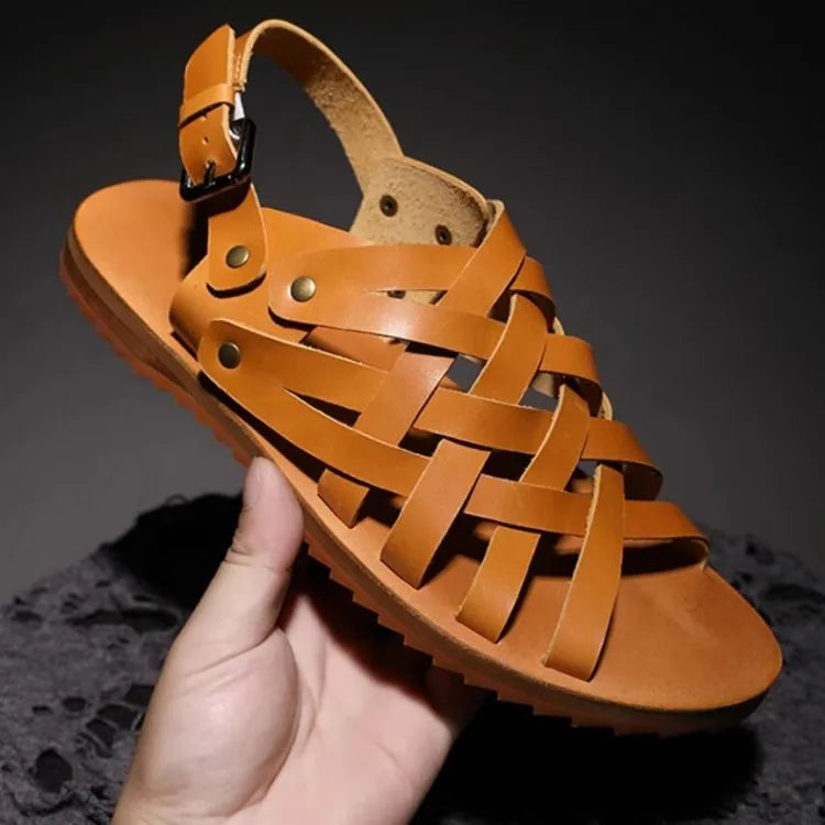 Men's sandals with a cushioned footbedMen's Vintage Handmade Weave Cross Strap Gladiator Buckle Strap Sandals