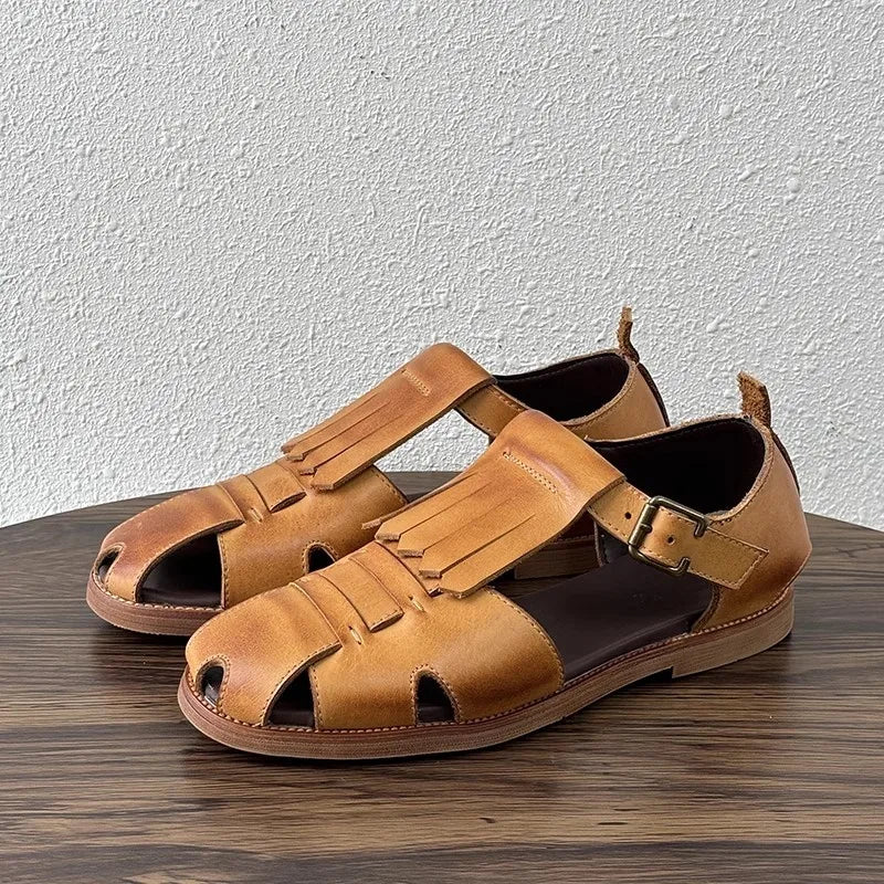 Men's sandals with a durable outer soleMen's Vintage Hollow Out Round Toe Buckle Strap Gladiator Flat Sandals