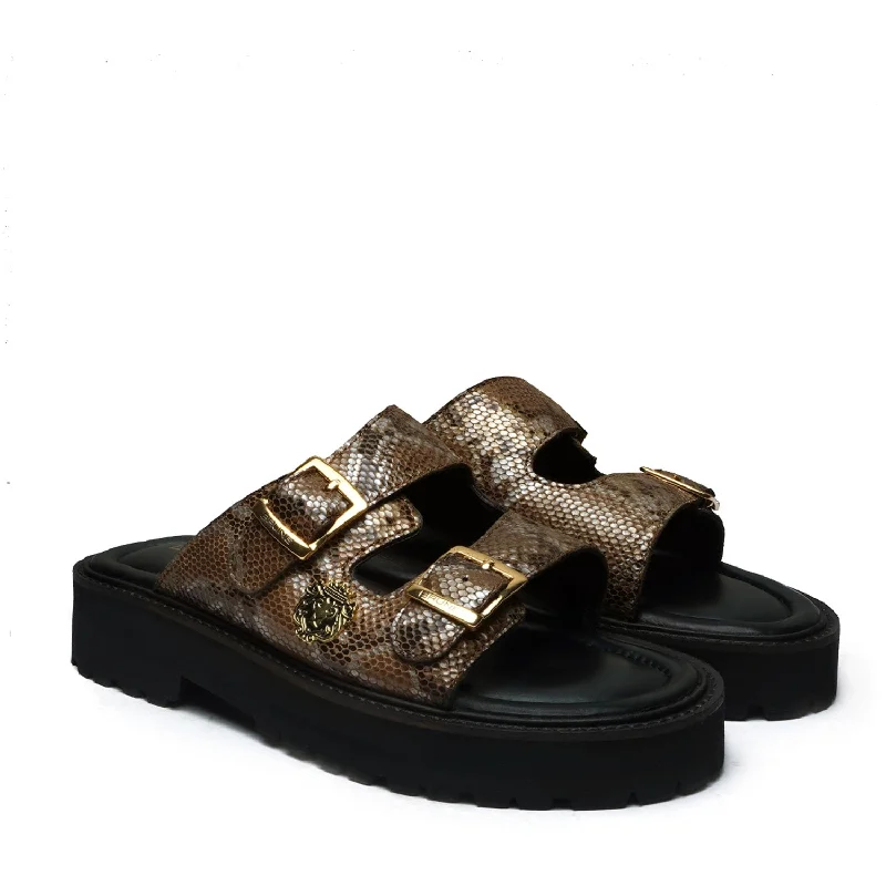 Men's slippers with a shock - absorbing midsoleAdjustable Buckle Leather Slipper in Snake Skin Textured