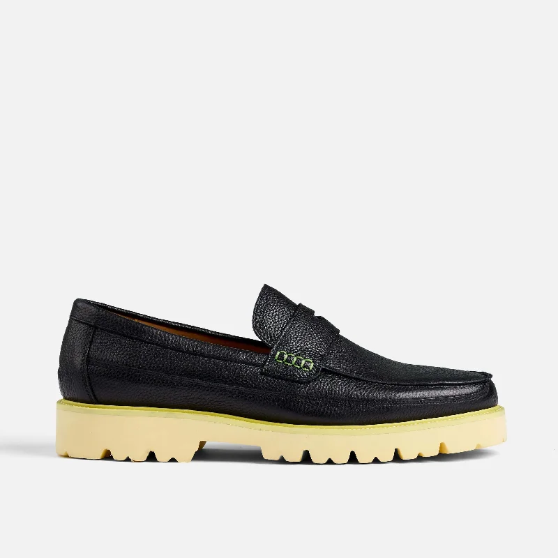 Men's loafers with a low - heeled designAdler Black Neon Leather Penny Loafers