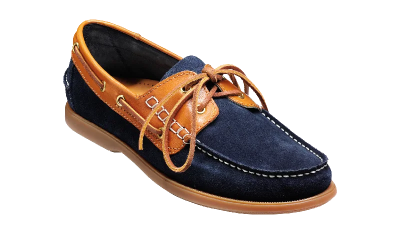 Leather men's casual shoes with a scuffed finishBarker Wallis Moccasin Shoe - Navy Suede/Cedar