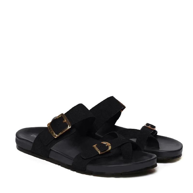 Men's slippers with a stretchy side panel for a better fitBlack Suede Leather Slipper With Double Golden Buckle Men's slippers with a stretchy side panel for a better fitBlack Suede Leather Slipper With Double Golden Buckle