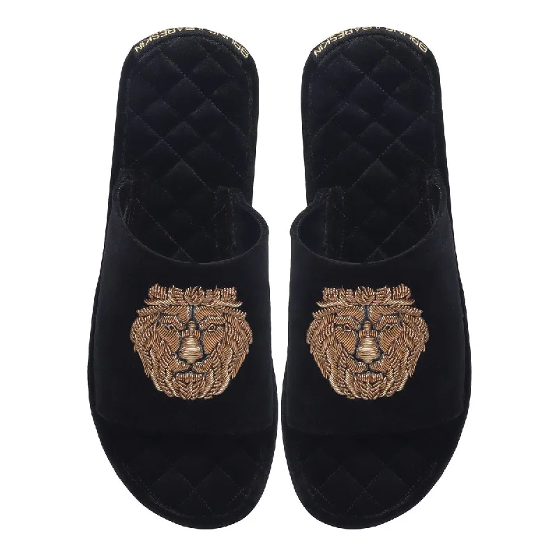 Men's slippers with a stretchy side panel for a better fitBlack Quilted Base Velvet Slide In Slippers with Lion Zardosi