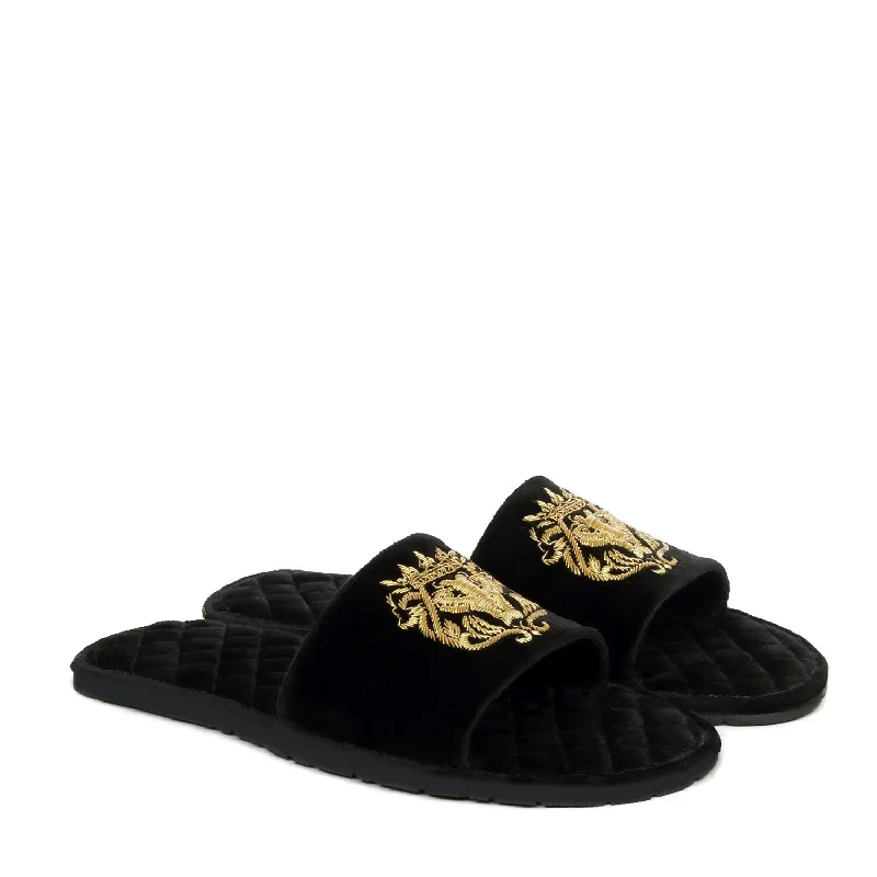 Men's slippers with a soft, flexible soleItalian Velvet Slide In Slippers With Quilted Stitched Zardosi Lion