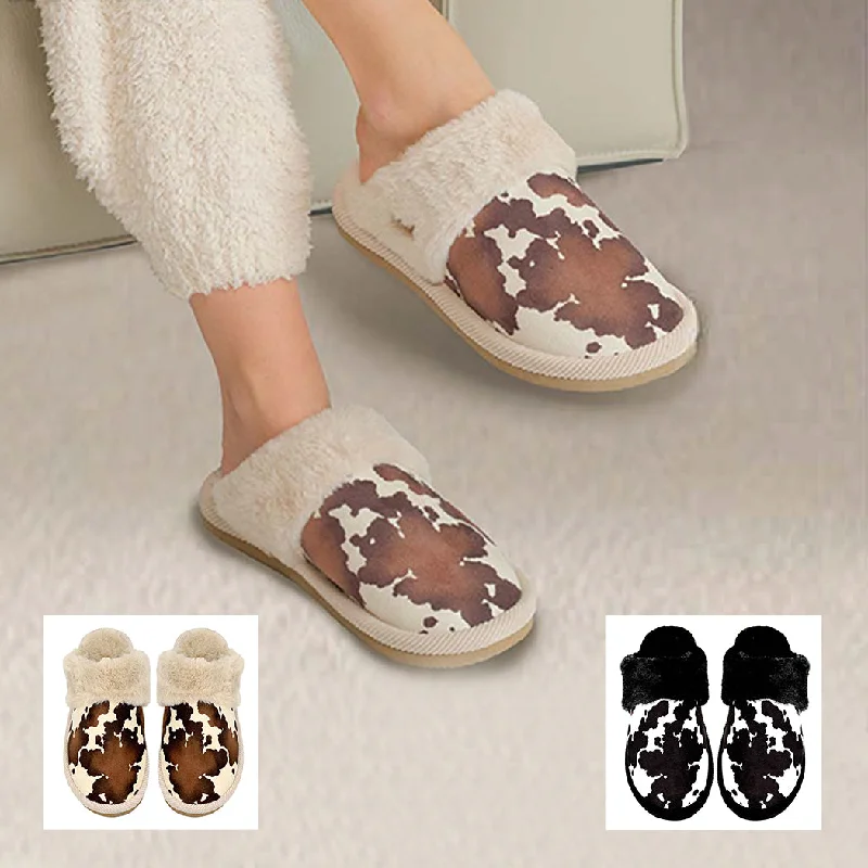 Men's slippers with a leather sole for a classic lookCow Print Faux Fur Home Slippers 6 Pairs Pack