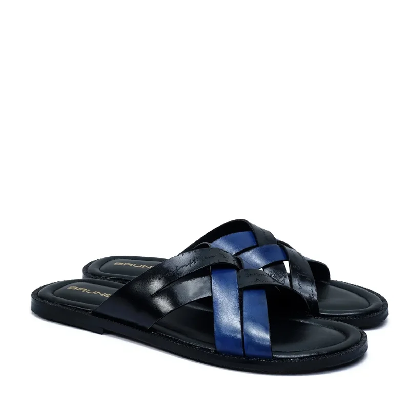 Men's slippers with a leather sole for a classic lookCross Strap Welt Slide In Slippers with Laser Engraved Blue And Black Leather