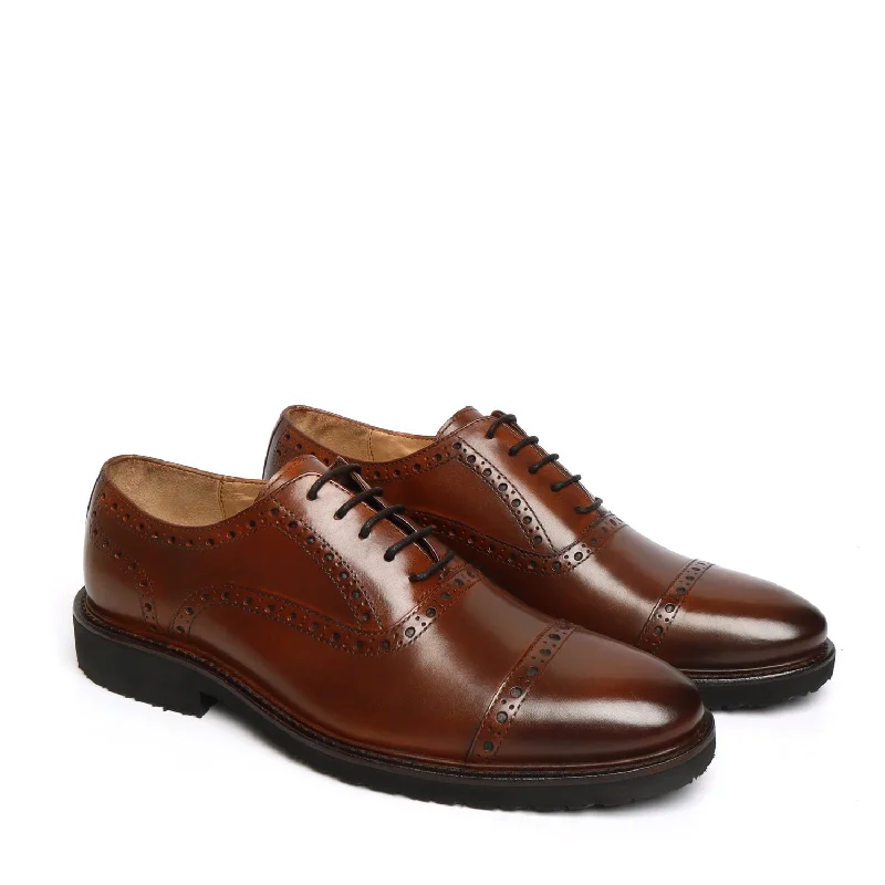 Men's Oxfords with a padded collar for a comfortable fitDARK BROWN BROGUE WITH CAP TOE IN LIGHT WEIGHT BY BRUNE & BARESKIN Men's Oxfords with a padded collar for a comfortable fitDARK BROWN BROGUE WITH CAP TOE IN LIGHT WEIGHT BY BRUNE & BARESKIN