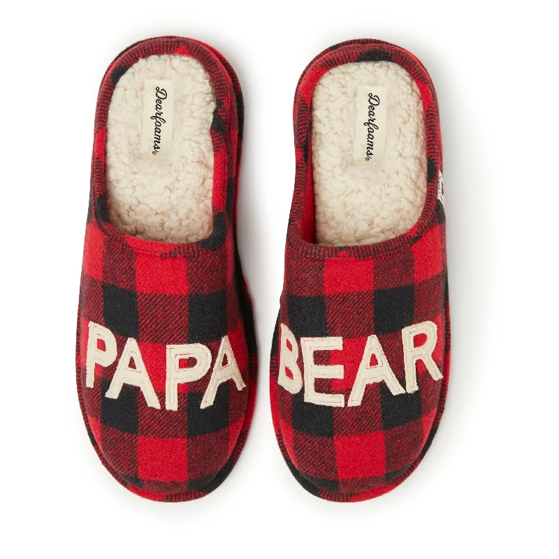 Men's slippers with a padded footbed for all - day comfortDearfoams Men's Buffalo Check Family Bear Clog