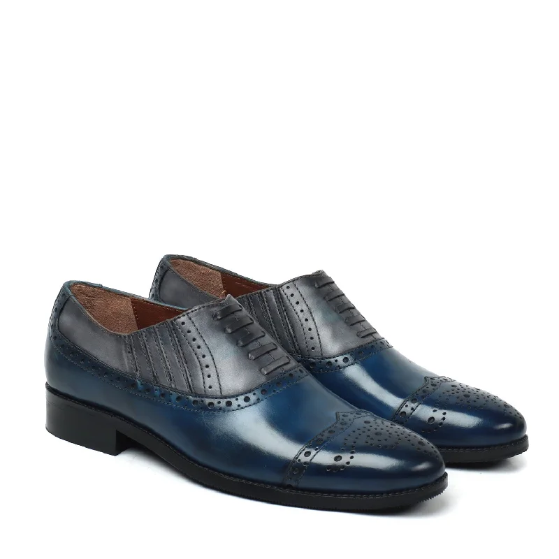 Men's Oxfords with a contrast stitching on the weltDual Tone Grey Blue Lazy Man Stylish Wingtip Punching Brogues with Fixed Lace Oxfords by Brune & Bareskin