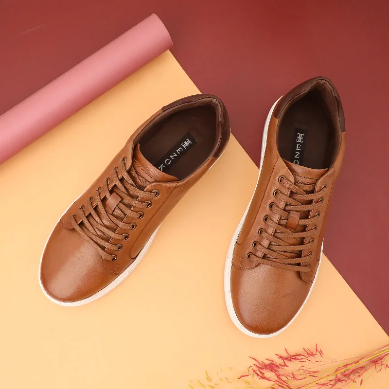 Men's casual shoes with a stretchy side panelEzok Tan Leather Sneaker For Men