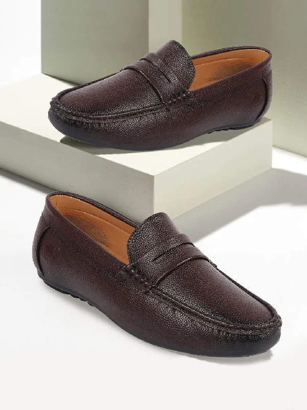 Leather men's casual shoes with a scuffed finishMen Brown Hand Stitched Textured Design Casual Slip On Moccasins and Loafers