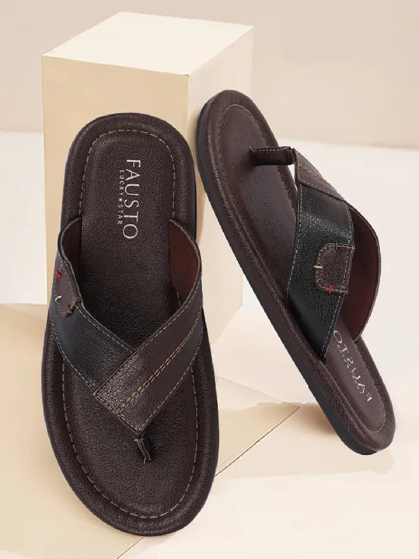 Men's slippers with a Velcro closure for easy on and offMen Brown Stitched Design Indoor Outdoor Thong Slipper Sandals