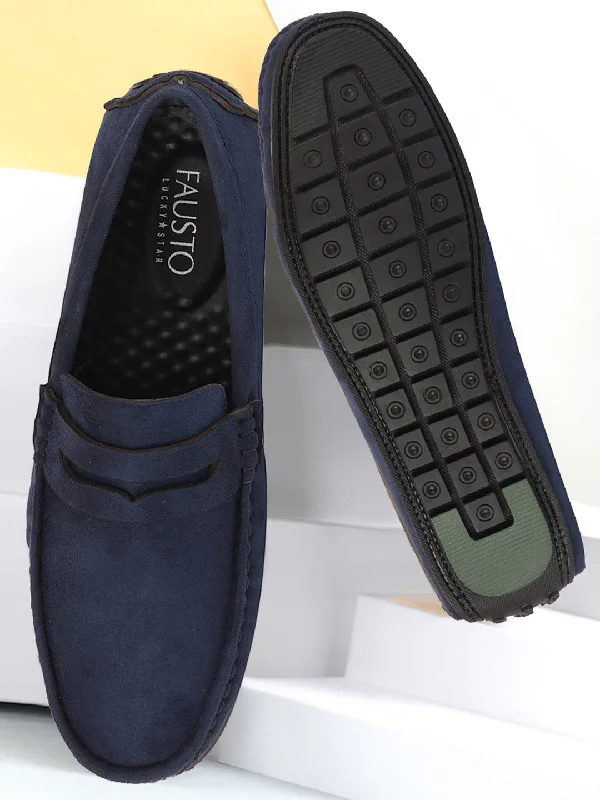 Men's casual shoes with a soft insole for cushioningMen Navy Blue Suede Leather Side Stitched Driving Loafer and Moccasin