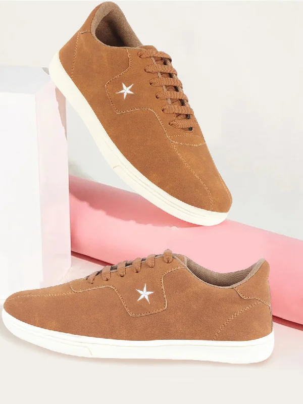 Men's casual shoes with a contrast sole colorMen Tan Classic Embroidery Star Upper Soft Suede Leather Lace Up Sneakers Shoes