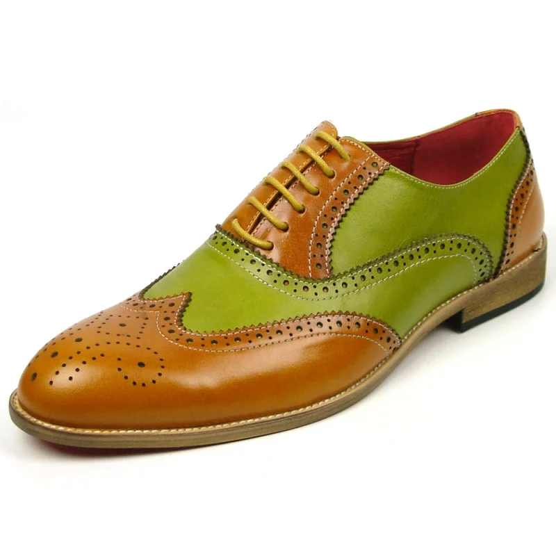 Men's Oxfords with a padded collar for a comfortable fitFiesso FI-7400 Tan Green Wing Tip Lace Up Oxfords Men's Oxfords with a padded collar for a comfortable fitFiesso FI-7400 Tan Green Wing Tip Lace Up Oxfords