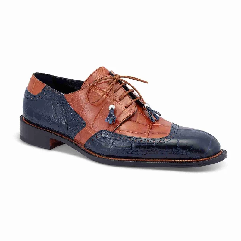 Men's Oxfords with a high - quality leather upperMauri 3098 Wonder Blue/Cognac Genuine Alligator Derby Oxford Shoes Men's Oxfords with a high - quality leather upperMauri 3098 Wonder Blue/Cognac Genuine Alligator Derby Oxford Shoes