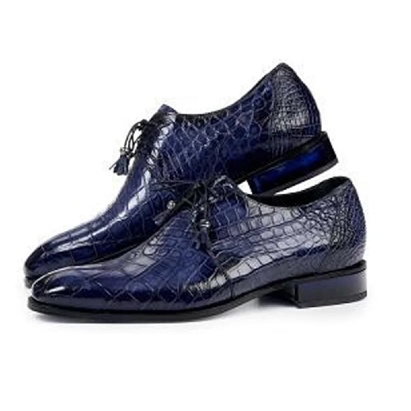 Men's Oxfords with a contrast stitching on the weltMauri Indigo Genuine Alligator Hand Painted Oxford Shoes Men's Oxfords with a contrast stitching on the weltMauri Indigo Genuine Alligator Hand Painted Oxford Shoes