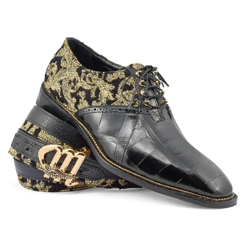 Men's Oxfords with a lace - up closure and a narrow fitMauri Smooth Black/Gold Genuine Alligator/Didier Fabric Oxford Shoes 4936