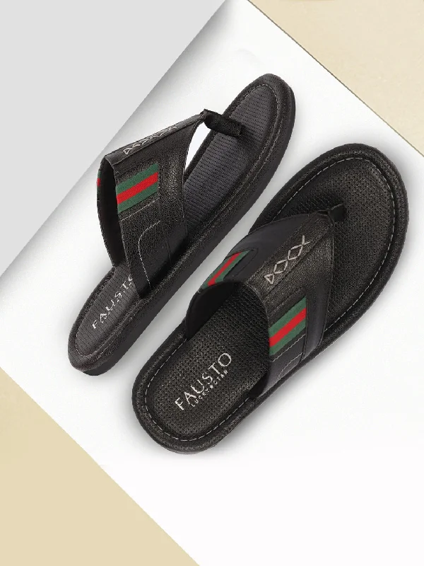 Men's slippers with a leather sole for a classic lookMen Black Colored Strip Design Indoor Outdoor Thong Slipper Sandals