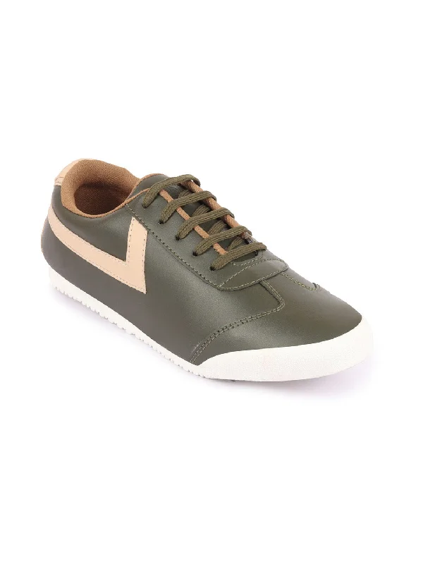 Men's casual shoes with a contrast sole colorMen Olive Green Lace-Up Classic Striped Sneakers Casual Shoes