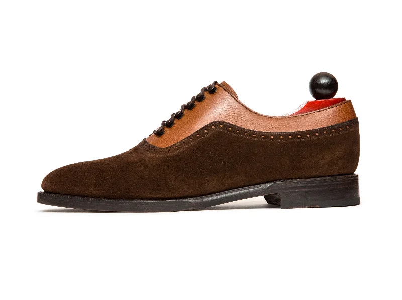 Men's leather Oxford shoes with a plain toeMukilteo - MTO - Dark Brown Suede / Tan Soft Grain - TMG Last - Single Leather Sole Men's leather Oxford shoes with a plain toeMukilteo - MTO - Dark Brown Suede / Tan Soft Grain - TMG Last - Single Leather Sole