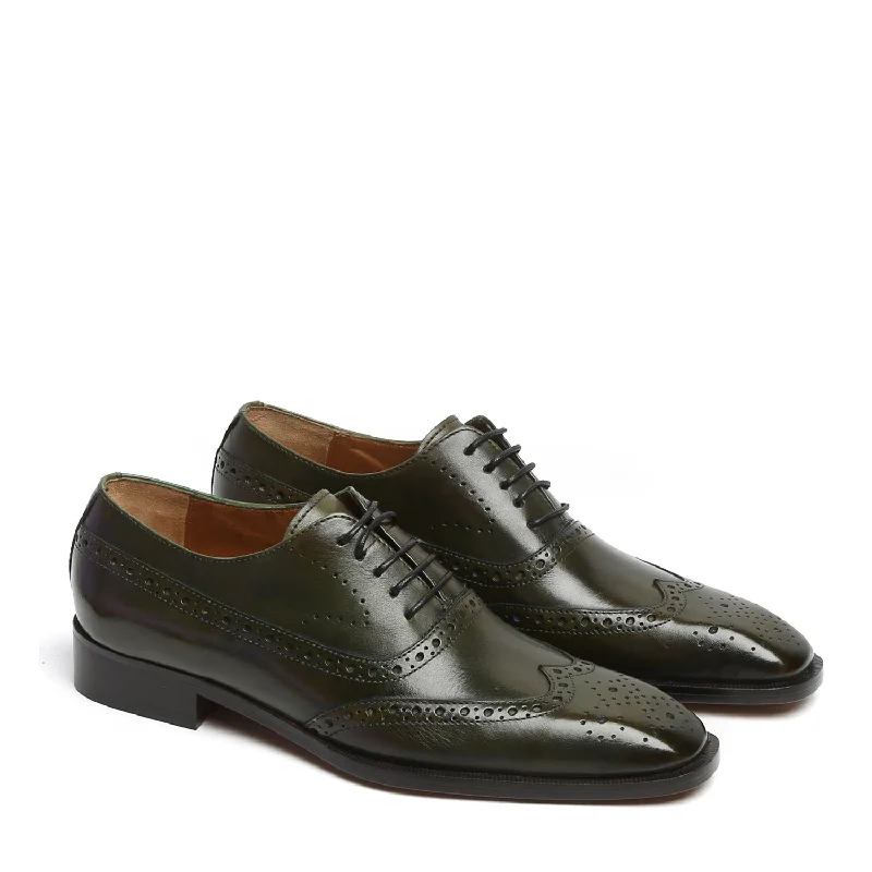 Men's Oxfords with a low - heeled design and a square toeOlive Long Tail Brogue Leather Shoes By Brune & Bareskin Men's Oxfords with a low - heeled design and a square toeOlive Long Tail Brogue Leather Shoes By Brune & Bareskin