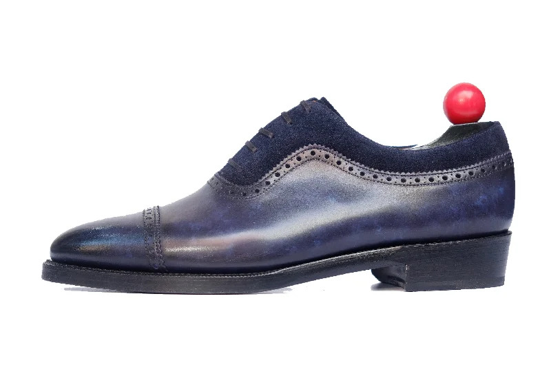 Men's Oxfords with a perforated leather strap for ventilationPalacio - MTO - Navy Marble Patina / Navy Suede - TMG Last - Double Leather Sole Men's Oxfords with a perforated leather strap for ventilationPalacio - MTO - Navy Marble Patina / Navy Suede - TMG Last - Double Leather Sole