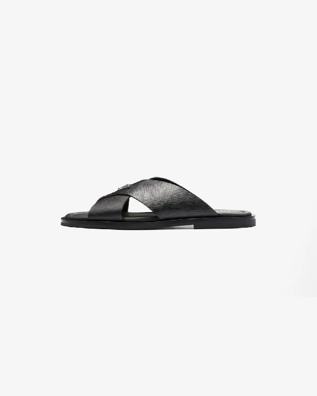 Men's slippers with a padded footbed for all - day comfortPrada Men's Black Crisscross Logo-Triangle Leather Sandals