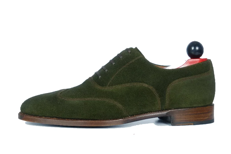 Men's Oxfords with a contrast stitching on the weltPullman - MTO - Dark Olive Suede / Brown Stitching - TMG Last - Single Leather Sole Men's Oxfords with a contrast stitching on the weltPullman - MTO - Dark Olive Suede / Brown Stitching - TMG Last - Single Leather Sole