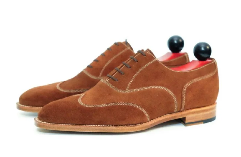 Men's Oxfords with a perforated leather strap for ventilationPullman - MTO - Snuff Suede - LPB Last - Single Leather Sole Men's Oxfords with a perforated leather strap for ventilationPullman - MTO - Snuff Suede - LPB Last - Single Leather Sole
