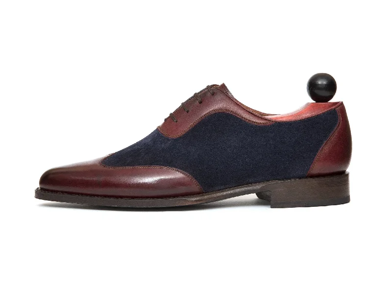 Men's Oxford shoes with a shock - absorbing insole and a leather liningRainier - MTO - Burgundy Calf / Navy Suede - JKF Last - Single Leather Sole Men's Oxford shoes with a shock - absorbing insole and a leather liningRainier - MTO - Burgundy Calf / Navy Suede - JKF Last - Single Leather Sole
