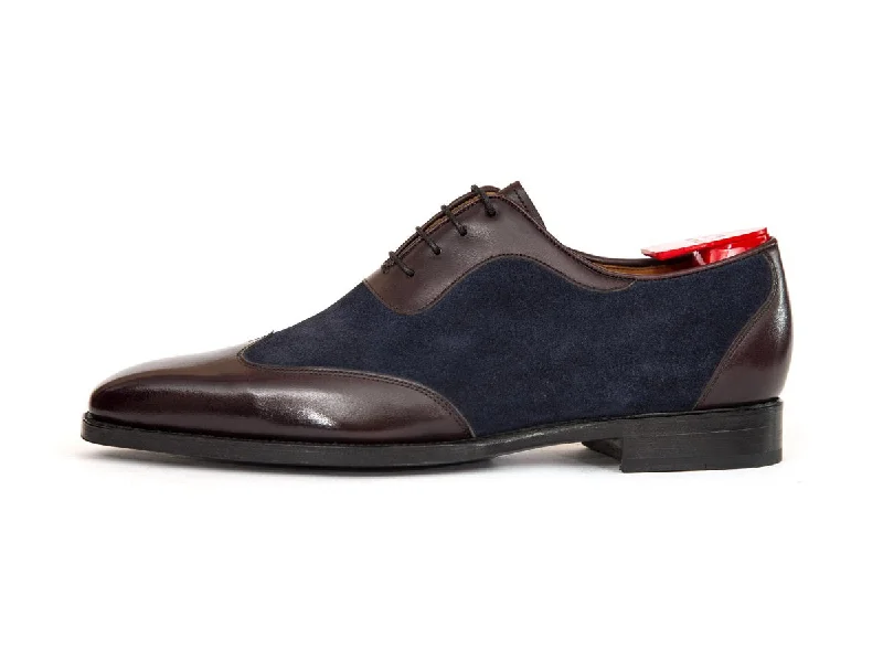 Men's Oxfords with a cap - toe design and a rubber heelRainier - MTO - Deep Merlot Calf / Navy Suede - MGF Last - Single Leather Sole Men's Oxfords with a cap - toe design and a rubber heelRainier - MTO - Deep Merlot Calf / Navy Suede - MGF Last - Single Leather Sole