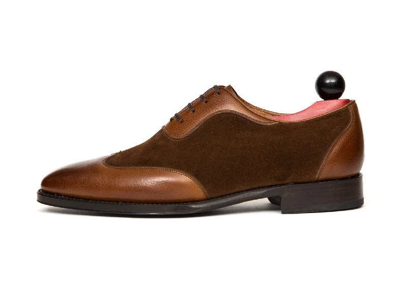 Men's leather Oxford shoes with a plain toeRainier III - MTO - Tan Soft Grain / Snuff Suede - LPB Last - Single Leather Sole Men's leather Oxford shoes with a plain toeRainier III - MTO - Tan Soft Grain / Snuff Suede - LPB Last - Single Leather Sole