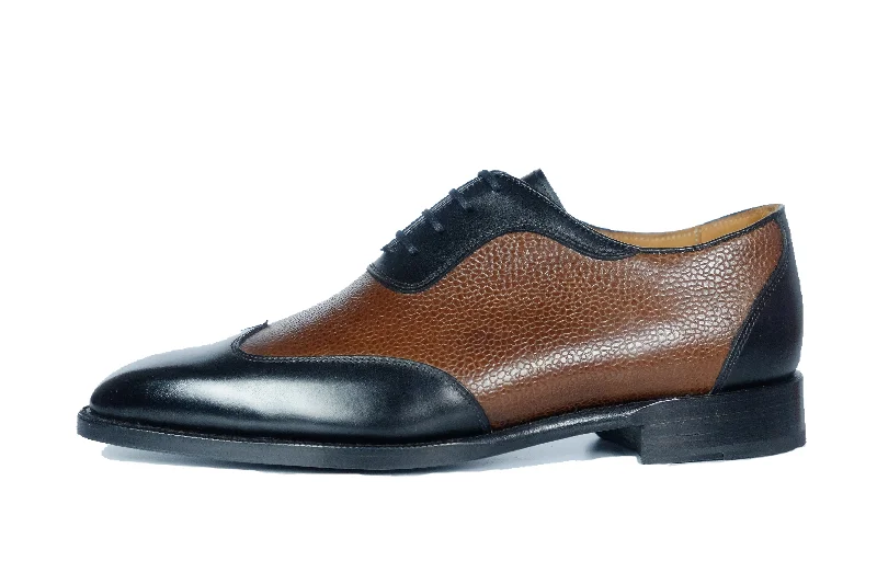 Men's Oxfords with a low - heeled design and a square toeRainier - MTO - Black Calf / Brown Soft Grain - MGF Last - Single Leather Sole Men's Oxfords with a low - heeled design and a square toeRainier - MTO - Black Calf / Brown Soft Grain - MGF Last - Single Leather Sole