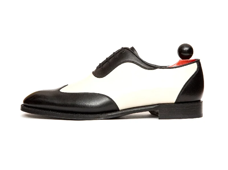 Men's Oxfords with a perforated leather strap for ventilationRainier - MTO - Black Calf / Cream Calf - NGT Last - Single Leather Sole Men's Oxfords with a perforated leather strap for ventilationRainier - MTO - Black Calf / Cream Calf - NGT Last - Single Leather Sole
