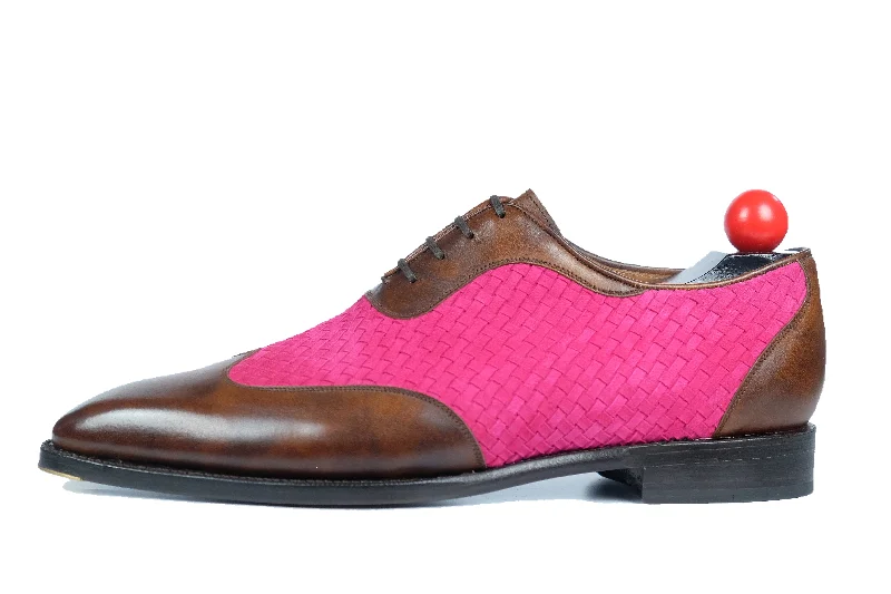 Men's Oxford shoes with a smooth leather upper and a leather soleRainier - MTO - Walnut Museum Calf / Hot Pink Braided Suede - LPB Last - Single Leather Sole Men's Oxford shoes with a smooth leather upper and a leather soleRainier - MTO - Walnut Museum Calf / Hot Pink Braided Suede - LPB Last - Single Leather Sole
