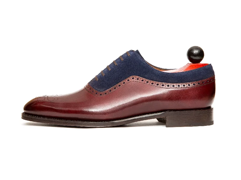 Brogue - perforated men's Oxfords for a traditional lookRoosevelt - MTO - Burgundy Calf / Dark Blue Suede - NGT Last - Single Leather Sole Brogue - perforated men's Oxfords for a traditional lookRoosevelt - MTO - Burgundy Calf / Dark Blue Suede - NGT Last - Single Leather Sole