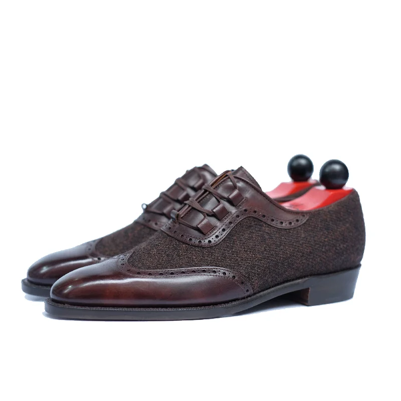 Men's Oxford shoes with a double - buckle strapRussell - Dark Brown Museum Calf / Dark Brown Medley Tweed Men's Oxford shoes with a double - buckle strapRussell - Dark Brown Museum Calf / Dark Brown Medley Tweed