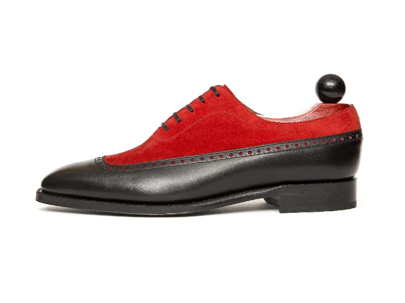 Men's Oxfords with a lace - up closure and a narrow fitSebastien - MTO - Black Calf / Red Suede - LPB Last - Single Leather Sole Men's Oxfords with a lace - up closure and a narrow fitSebastien - MTO - Black Calf / Red Suede - LPB Last - Single Leather Sole