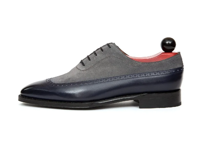 Men's Oxfords in a dark burgundy leather for a unique styleSebastien - MTO - Marine Blue Calf / Light Grey Suede - LPB Last - Single Leather Sole Men's Oxfords in a dark burgundy leather for a unique styleSebastien - MTO - Marine Blue Calf / Light Grey Suede - LPB Last - Single Leather Sole