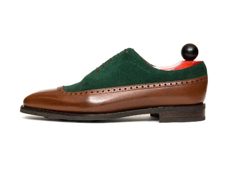 Men's Oxfords with a low - heeled design and a square toeSebastien - MTO - Caramel Calf / Bottle Green Suede - LPB Last - Country Rubber Sole Men's Oxfords with a low - heeled design and a square toeSebastien - MTO - Caramel Calf / Bottle Green Suede - LPB Last - Country Rubber Sole