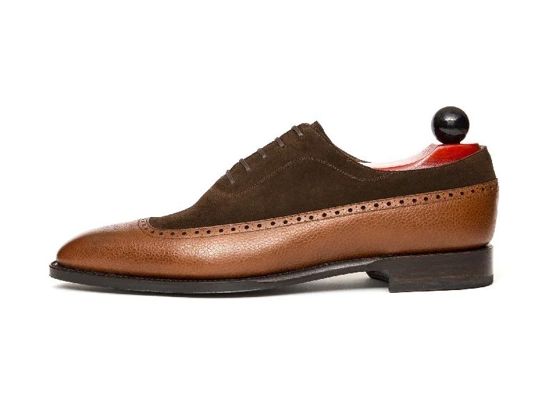 Men's Oxfords with a lace - up closure and a narrow fitSebastien - MTO - Tan Soft Grain / Dark Brown Suede - LPB Last - Single Leather Sole Men's Oxfords with a lace - up closure and a narrow fitSebastien - MTO - Tan Soft Grain / Dark Brown Suede - LPB Last - Single Leather Sole