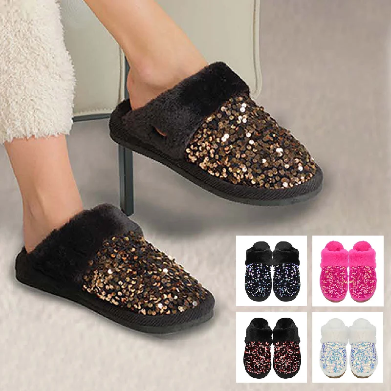 Men's slippers with a decorative pom - pom or tasselSequin Faux Fur Home Slippers 6 Paris Pack