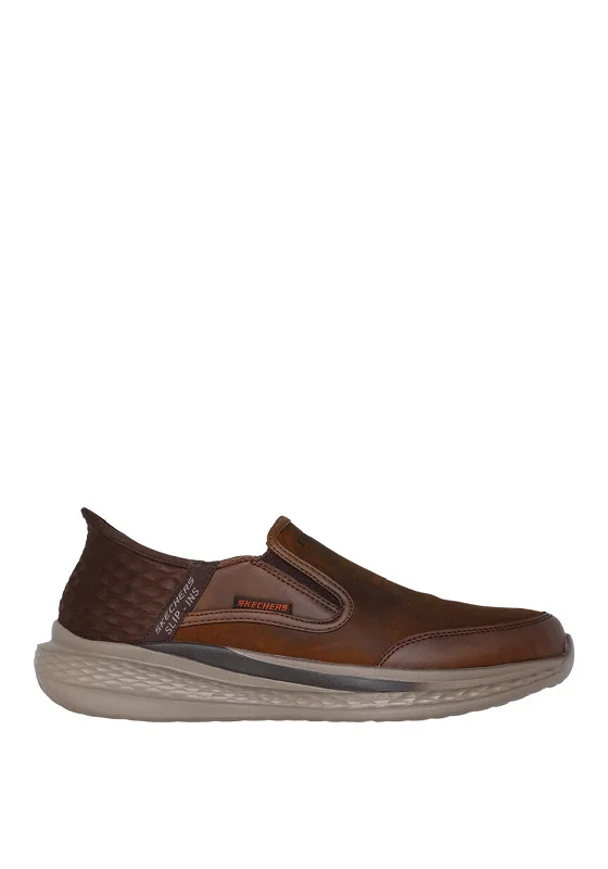 Leather men's casual shoes with a scuffed finishSkechers Slade Cooper Slip-Ins Shoes, Dark Brown