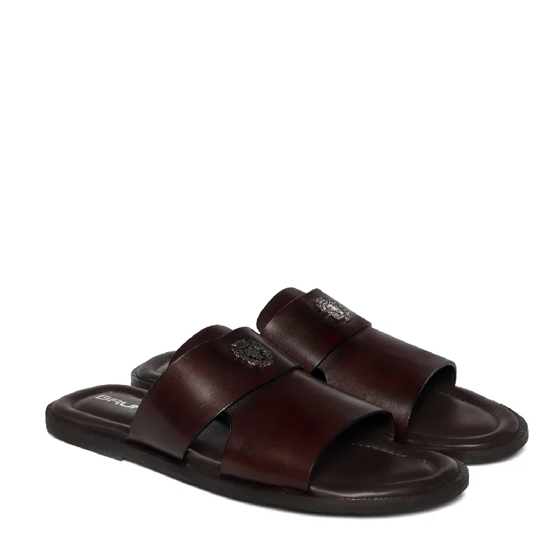 Men's slippers with a leather sole for a classic lookDark Brown Welt Slippers with Broad Strapped Cut Out Detail