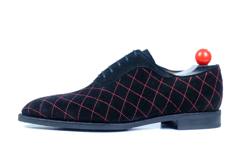Men's Oxfords with a high - quality leather upperSpokane - MTO - Quilted Black Suede - Red Stitching - LPB Last - City Rubber Sole Men's Oxfords with a high - quality leather upperSpokane - MTO - Quilted Black Suede - Red Stitching - LPB Last - City Rubber Sole