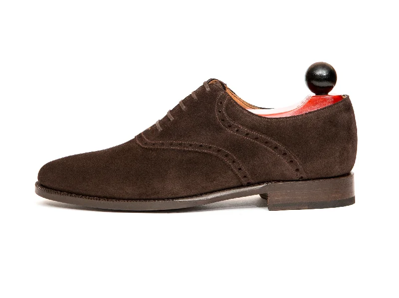Men's Oxfords with a perforated leather strap for ventilationStefano - MTO - Bitter Chocolate Suede - JKF Last - Single Leather Sole Men's Oxfords with a perforated leather strap for ventilationStefano - MTO - Bitter Chocolate Suede - JKF Last - Single Leather Sole